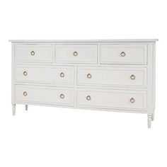 a white dresser with six drawers and gold knobs on the top, against a white background