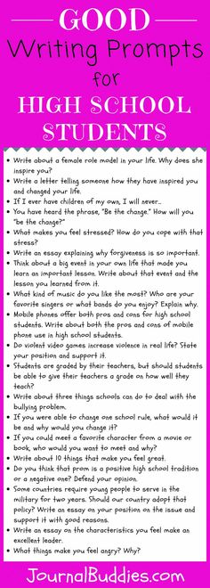 a pink poster with the words good writing prompts for high school students