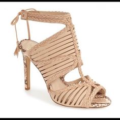 Nwot Vince Camuto Kabira Leather Strappy Heeled Sandals. Braided Leather Detail. Snakeskin Print On Heel And Toe Area. Peep Toe. Ties At Ankle. 4 1/2" Heel. Nude In Color. Spring Leather T-strap Heels, Spring T-strap Synthetic Heels, Synthetic T-strap Heels For Spring, Spring Synthetic T-strap Heels, Spring T-strap Heels With Strap, Beige T-strap Heels For Spring, Chic T-strap Heels For Spring, Chic Spring T-strap Heels, Leather Detail