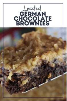 a close up of a piece of chocolate brownie on a plate with the title