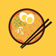 an illustration of chopsticks and noodles on a plate with eggs in the middle