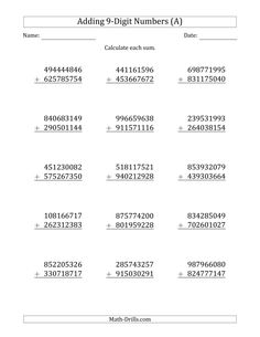 the worksheet for adding 9 digit numbers to one digit number is shown below