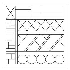 a black and white image of a quilt block with circles on the bottom, and two squares