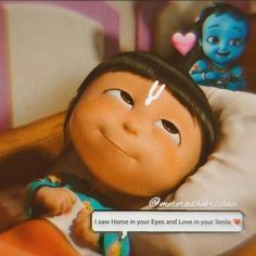 an image of a baby doll in bed with the caption'i am home in your eyes and love in your smile '