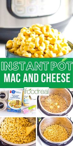 instant pot macaroni and cheese recipe in front of an instant pot full of macaroni and cheese