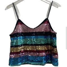 Brand New Multicolor Rainbow Sequin Top Size S Pink Spaghetti Strap Top For Party, Spring Sequined Spaghetti Strap Crop Top, Pink Tank Top For Party, Pink Sequin Tank Top For Spring, Sequin Crop Top Tank For Summer, Trendy Multicolor Sequined Tops, Multicolor Sequin Crop Top, Multicolor Sequined Crop Top, Blue Party Vest Top