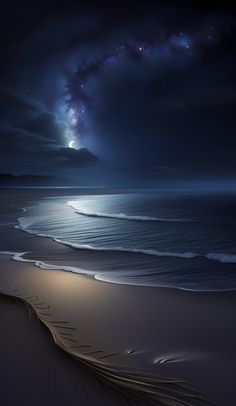 the night sky is full of stars and clouds over an ocean beach with sand dunes