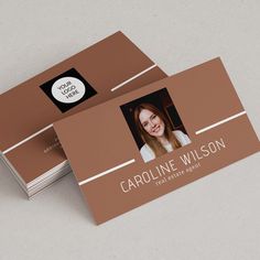 two brown business cards with an image of a woman