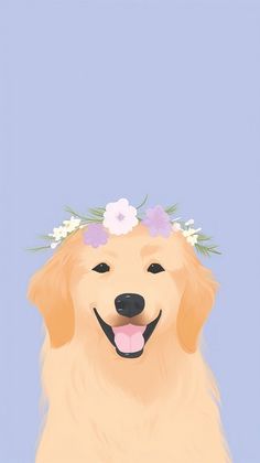 a golden retriever with a flower crown on its head is looking at the camera