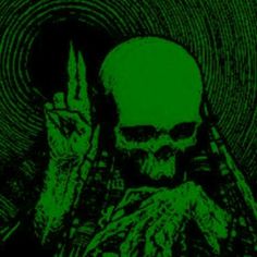 a green poster with a skeleton holding up two fingers in front of a black background