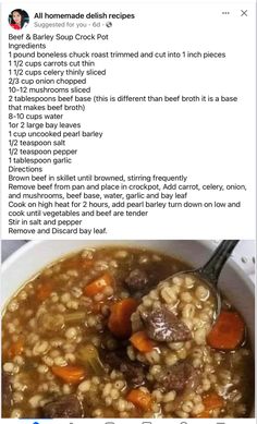 a bowl of soup with carrots, meat and beans in it is shown on the instagram page