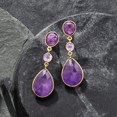 Ross-Simons - 24.50 ct. t. w. Amethyst Drop Earrings in 18kt Gold Over Sterling. Our beautiful amethyst earrings have such regal flair! 24.50 ct. t. w. pear and round amethysts swing for a marvelous effect. Set in polished 18kt yellow gold over sterling silver. Hanging length is 1 1/2". Post/clutch, amethyst drop earrings. Amethyst birthstones are the perfect gift for February birthdays. Amethyst Birthstone, Fine Jewelery, Jewelry Essentials, Sterling Jewelry, Amethyst Jewelry, Amethyst Earrings, Amethyst Stone, Blue Stone, Women's Earrings