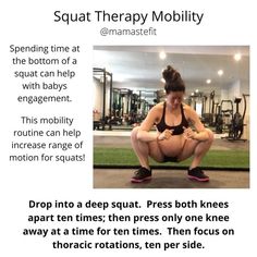 a woman squatting on the ground in front of a gym machine with words describing how to