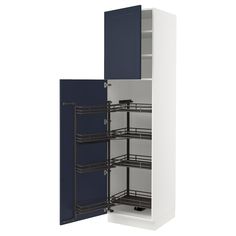 a white and blue cabinet with shelves in it