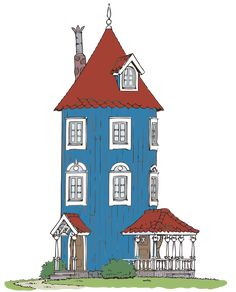 a drawing of a blue house with red roof and two chimneys on the top floor