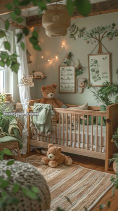 a baby's room decorated in green and white