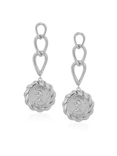 The EIRENE COIN collection features Eirene, the goddess of Peace, combined with the phrase Tempo Giusto. A motto we have intertwined with our brand from the start, Tempo Giusto represents a movement toward living life in accordance with your own inner tempo. The fusion of the two symbolizes an inner peace through your own authentic pace. Sterling Silver with Rhodium Overlay Length: 2" Post Back Sterling Silver Earrings With Coin Pendant, Vintage Silver Earrings With Coin Pendant, Nickel-free Sterling Silver Coin Earrings, Byzantine Silver Coin Necklace, Roman Coin Earrings, Coin Set, Coin Bracelet, Mabe Pearl, Coin Earrings