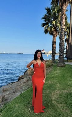 a woman in a red dress standing on the grass next to some water and palm trees