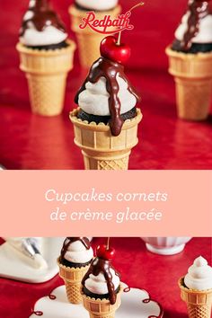 ice cream cones with chocolate sauce and cherries on top are shown in three different images