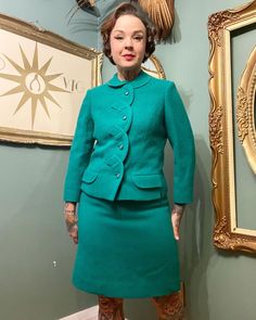 Absolutely stunning Emerald Green Mod Dress Suit with geometric details and a scalloped edge.  Made of pure virgin wool in Montreal Canada by Mayfair in the 1960s this suit is in excellent vintage condition with no visible flaws.  This stunning suit measures.  Dress              Jacket  Chest 36.       Chest 38 Waist 32.        Waist 34  Hips 38           Arm 20 Retro Fitted Skirt Suit, Retro Fitted Suits For Spring, Retro Fitted Spring Suits, Spring Retro Fitted Suits, Vintage Tailored Wool Skirt Suit, Vintage Wool Suits, Womens Suits, Dress Suit, Dress Jacket