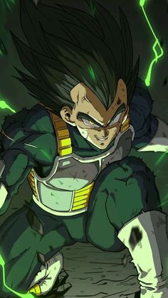 an animated image of gohan from the dragon ball anime series, with green and yellow lighting