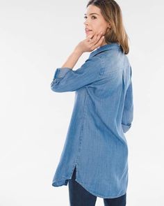 Long Denim Shirt, Denim Shirt Style, Denim Tunic, Casual Work Outfit, Swim Fashion, Dresses Pants, Tunic Styles, Womens Designer Fashion, Basic Outfits