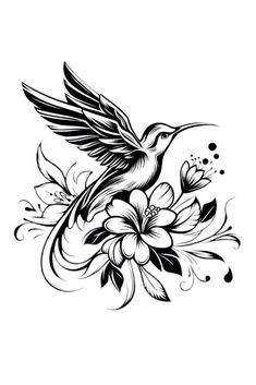 a black and white drawing of a humming bird with flowers