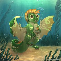 a green and white dragon under water with bubbles