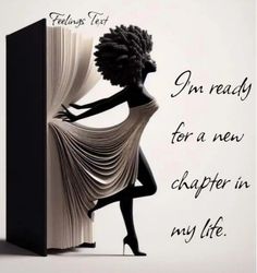 a woman in a dress standing next to an open book with the words i'm ready for a new chapter in my life