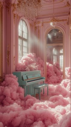 A pink cloud-filled room with gold frames, a blue-green piano in the middle of it, surrounded by soft clouds, a dreamy atmosphere, high-definition photography, in the style of Rococo, Rococo pastel colors, pink and aquamarine tones, and golden light. --ar 9:16 --v 6.1 --s 750 Surreal Room, Cloud Art, Mac Wallpaper, Barbie Dream, Pink Clouds, Vintage Glam, Golden Lights, Stage Design, Pregnancy Shoot