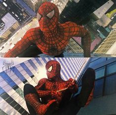 the amazing spider - man is sitting on top of a building