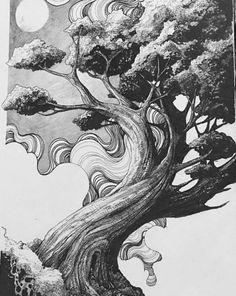 an ink drawing of a tree with swirls on it's branches and moon in the background