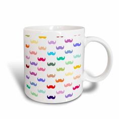 a white coffee mug with multicolored mustaches printed on the front and sides