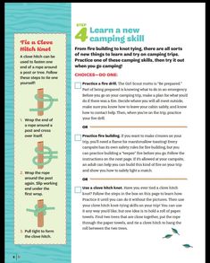 the four steps to camping skills for kids and adults are shown in this brochure