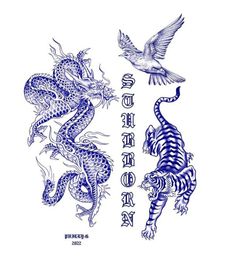 two dragon and bird tattoos with the word dragon written in chinese writing on white paper