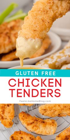 chicken tenders on a rack with text overlay that reads gluten free chicken tenders