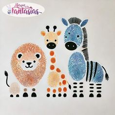 two zebras and a giraffe made out of fingerprints on a white background