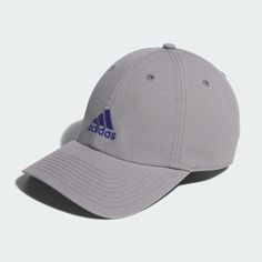 the adidas baseball cap in grey with blue logo on the front and back side