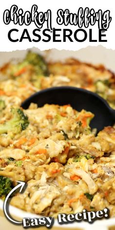 chicken stuffing casserole in a black skillet with the words easy recipe below it