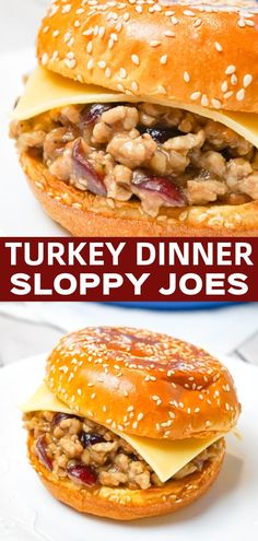 turkey dinner sloppy joes on a plate with the words turkey dinner sloppy joes