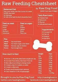 the raw dog food chart is shown in red and white, with instructions for how to use