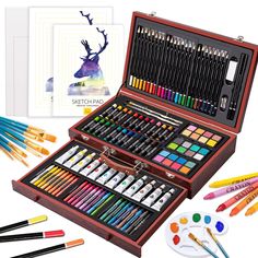 the artist's watercolor set is in its wooden case and contains 24 different colors