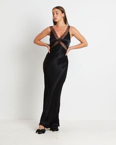 Everleigh Lace Slip Midi Dress in Black Elegant V-neck Slip Dress With Lace Back, Formal Maxi Slip Dress With Lace Trim, Lace Midi Dress V-neck For Evening, Lace V-neck Midi Dress For Evening, Fitted V-neck Slip Dress With Lace Back, Black Lace Trim Slip Dress For Formal Occasions, V-neck Slip Dress With Lace Trim For Party, Lace Slip Dress For Night Out With Bias Cut, V-neck Lace Trim Slip Dress For Party