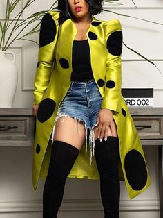 Elegant Crew Neck Polka Dots Loose Trench Coat | stylewe Plaid Trench Coat, Sequined Fabric, Patchwork Fashion, Winter Fashion Coats, Trench Coat Style, Green Coat, Trench Coats Women, Fashion Seasons, Long Sleeves Jacket