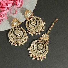 Beautiful White Kundan Chand Bali Earring & Tikka Set Chand Bali, Bali Earrings, Oxidized Necklace, Kundan Set, Chandbali Earrings, Kundan Earrings, Purple Stones, Small Earrings, Gold Plated Necklace