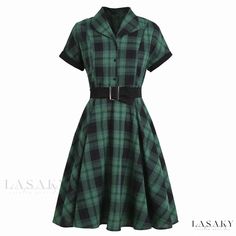 Lasaky - Vintage Plaid Collared A-line Dress Harajuku Dress, Plaid Dress Vintage, Robes Vintage, Casual Party Dresses, Vintage Plaid, Necklines For Dresses, 50s Fashion, Plaid Dress, Green Plaid