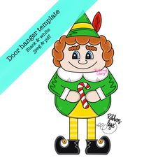 an image of a cartoon character with a green hat and yellow pants, holding a candy cane