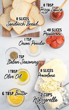 bread, cheese and sauces on a cutting board with the instructions to make them