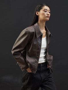 Composition : Shell POLYURETHANE 100% / Lining POLYESTER 100%Color : BROWNCountry of Origin : KOREA Brown Leather Jacket With Lapel Collar For Fall, Leather Outerwear, Brown Leather Jacket, Everyday Outfit, Colorful Fashion, Style Ideas, Everyday Outfits, Going Out, Outfit Inspirations