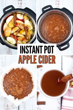 instant pot apple cider recipe with apples and cinnamons in the bottom, an image of